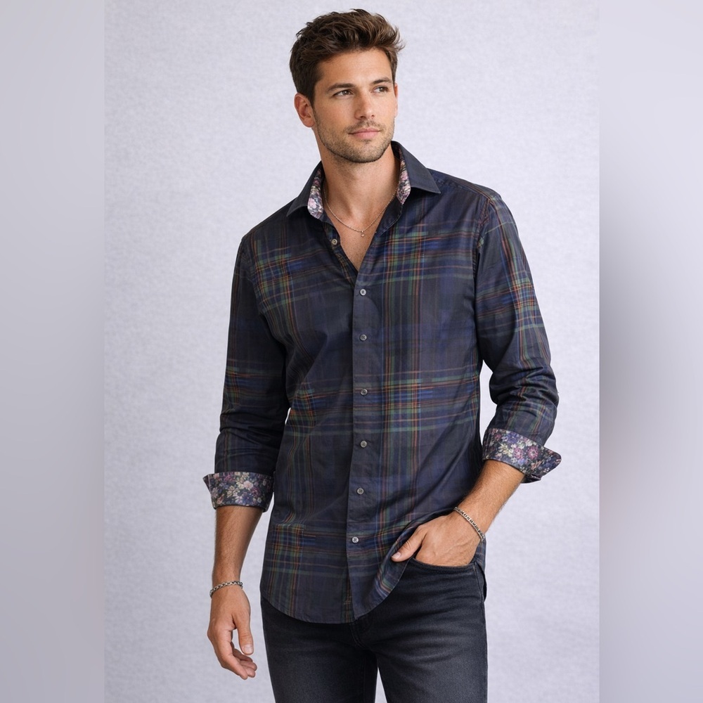 Robert Graham Plaid Button Down Shirt Navy Men's Multicolor Size M Flip Cuff